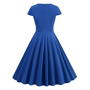 Detailed back view of a royal blue V-neck A-line dress with short sleeves and rear zipper