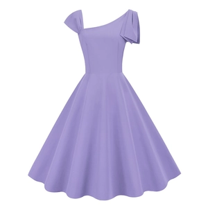 Elegant lavender asymmetrical one-shoulder retro A-line dress with a large swing skirt
