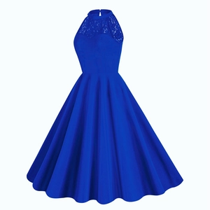 Royal blue halter neck lace patchwork cocktail dress with elegant A-line silhouette