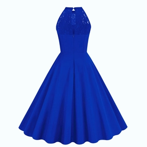 Royal blue halter neck sleeveless dress with floral lace embroidery and A-line silhouette