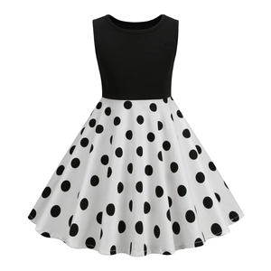 Vintage Girls Sleeveless Polka Dot Dress Black Contrast Round Neck A-Line Princess Swing Dress For Kids Teens