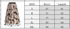Size chart for butterfly embroidered mesh skirt showing waist and length in centimeters