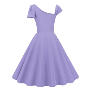 Detail of the lavender one-shoulder A-line dress featuring elegant pleated waist and flared hem
