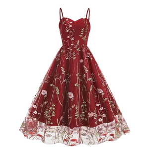 Retro red spaghetti strap dress with mesh overlay and colorful floral embroidery detail