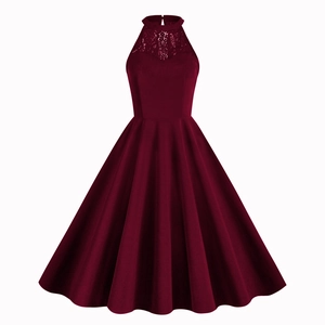 Elegant wine red halter neck lace patchwork dress with sequins and pleated A-line skirt