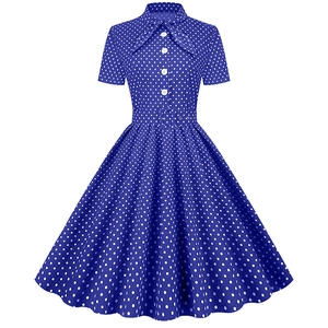 Royal blue vintage polka dot dress with short sleeves and white buttons