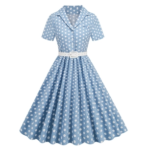 Detail of light blue polka dot dress featuring lapel collar, buttons and white belt