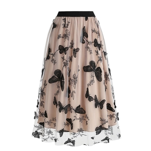 Women's Vintage Butterfly Embroidery Midi Mesh Skirt Elegant A-Line High Waist Double Layer Pleated Tulle Skirt Party Bottoms