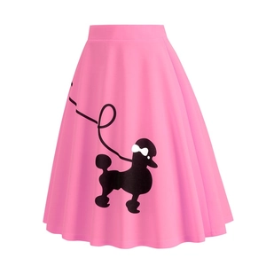 Detailed view of the vintage pink poodle skirt with high-waist A-line silhouette
