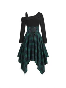 Women Casual Plaid Patchwork Gothic Midi Dress Long Sleeve Off Shoulder Irregular Hem Dress With Corset Lace-Up For Party