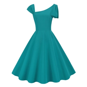 Elegant retro off-shoulder flared A-line dress in dark teal with waist cinching design