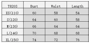 Detailed size chart for girl's retro polka dot dress showing bust, waist, and length measurements