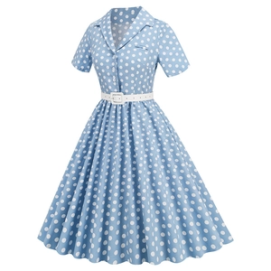 Detail of blue polka dot dress featuring lapel collar, buttons, and matching white belt