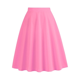 Detail of high-waist bright pink midi A-line skirt with flowing pleated drapes