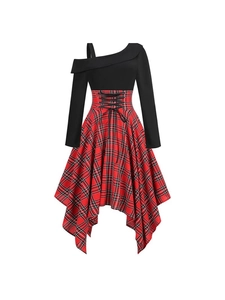Women's plaid dress with one-shoulder design and irregular handkerchief hem in punk style