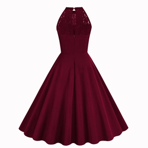 Detailed back view of burgundy lace halter dress with pleated skirt and hidden zipper