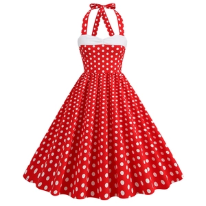 Abito Vintage da Donna con Pois Scollo all'Americana Retro Elegante Linea A Midi Patchwork Fiocco Cocktail Party Vestito