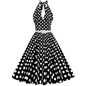 Women's 50s Vintage Halter Neck Polka Dot Dress Hepburn Style A-Line Swing Summer Retro Dress With Belt