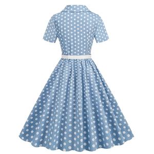 Back view of a vintage light blue polka dot dress with lapel and white waist belt