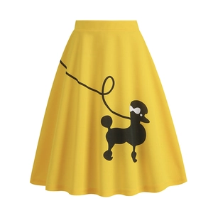 Vintage 1950s high waist yellow A-line skirt with retro black poodle silhouette print