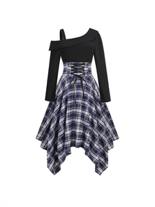 French style plaid dress with asymmetric collar and lace-up waist in Scottish pattern