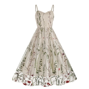 Vintage 50s A-line spaghetti strap dress with floral embroidery and mesh overlay