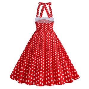 Abito vintage rosso a pois anni '50 con allacciatura al collo e gonna svasata a ruota