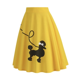 Detail of yellow poodle skirt featuring retro 50s A-line design and black embroidery