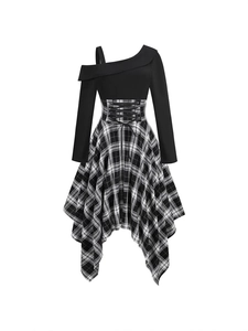 Asymmetric long-sleeve dress with corset waist and black white plaid skirt design