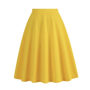 Detail of high-waist yellow A-line skirt with vintage print and elegant pleated hemline