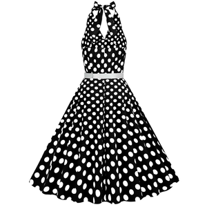 Detailed view of polka dot halter dress with waist belt and retro A-line skirt detail