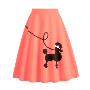 Retro high-waisted coral A-line poodle skirt with vintage black poodle graphic