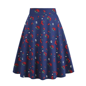 Gonna vintage a trapezio a vita alta con base blu scuro e stampa di ciliegie rosse