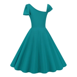 Elegant one-shoulder peacock blue vintage dress with waist tie and A-line skirt