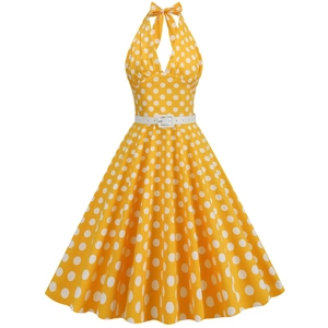 Vintage 1950s style yellow polka dot halter dress with a white belt and pleated V-neckline