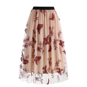 Champagne mesh midi skirt with elegant dark red butterfly and floral embroidery detail