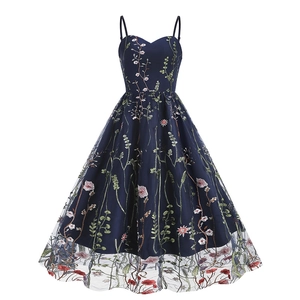Women Vintage Floral Embroidered Mesh Cami Dress Elegant Retro A-Line Midi Dress For Wedding Party Cocktail Sleeveless Dress