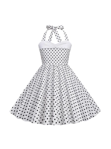 Girls Vintage Halter Polka Dot Dress Rockabilly Audrey Hepburn Style Bow Flare A-Line Summer Party Dress