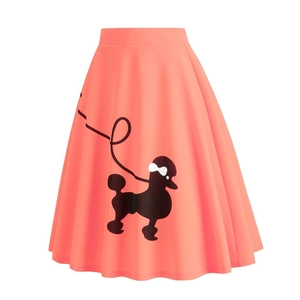 Detail of retro high-waist midi skirt featuring a black poodle print on coral pink fabric