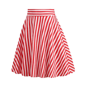 Detailed view of high-waist red and white striped A-line midi skirt with wide waistband