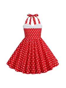 Retro halter-neck girls dress with red and white polka dot pattern and white splicing trim