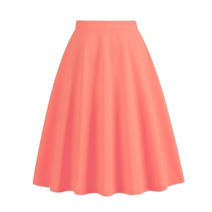 Detail of coral pink high-waisted midi skirt with A-line pleated silhouette in white background