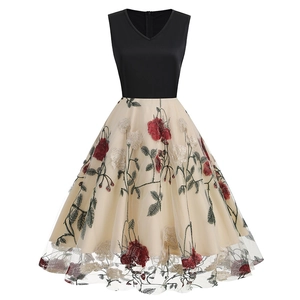 Retro V-neck sleeveless dress with black bodice and champagne floral embroidery mesh skirt