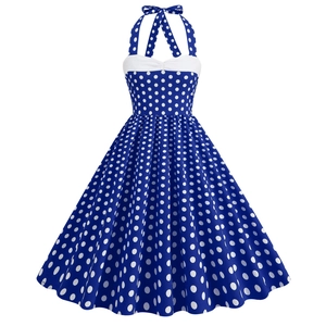 Abito vintage blu scuro a pois con scollo all'americana e gonna a ruota stile Audrey