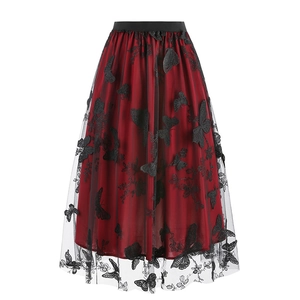 Elegant mesh midi skirt with wine red satin lining and 3D butterfly embroidery