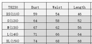 Size guide for girls floral halter dress showing bust and waist measurements in cm