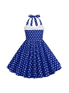 Vintage girls halter neck dress with blue and white polka dot pattern and full skirt