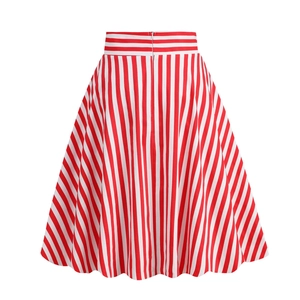 Detailed view of the invisible zipper and red white striped pattern on the A-line skirt