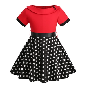 Girls Vintage Polka Dot Dress Retro Peter Pan Collar Short Sleeve Patchwork A-Line Skirt With Satin Belt Party Dress