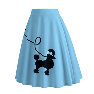 Detail of high waist light blue 1950s style poodle skirt with black dog silhouette